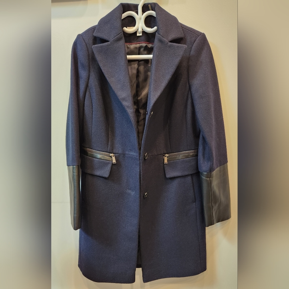 DKNY Wool Blend Coat with Faux Leather Details, Navy Blue, Size US 6